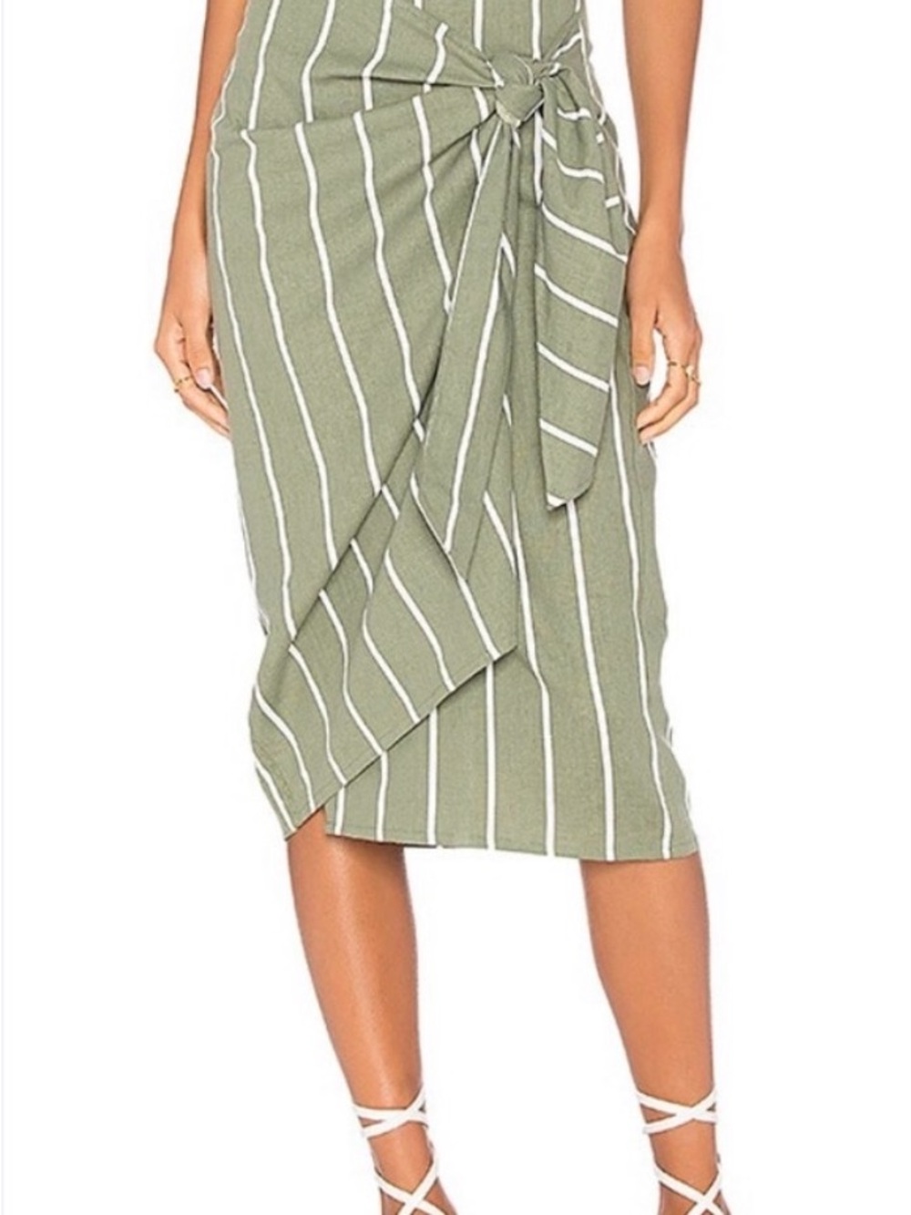Faithfull the Brand Sage and White Striped Tie-Front Wrap Midi Skirt